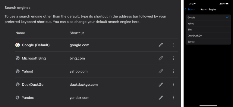 Search engine settings in Chrome 133 and iOS 18.3